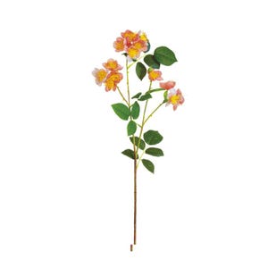 May include: A single stem of artificial flowers with pink and yellow blossoms and green leaves.