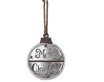 White Distressed Metal Merry Christmas Ornament-M32552