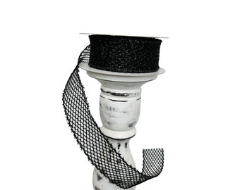 1.5"x10YD Black Glitter Netting Wired Ribbon - Sparkling Glamour for Crafts, Wreathmaking, and Decor (71113-09-21)