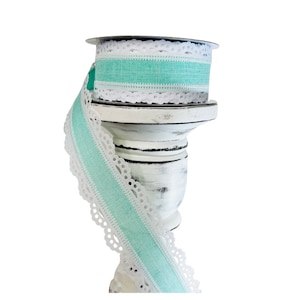 Mint Green and White Scalloped Edge Royal Burlap Wired Ribbon - 1.5 Inches Wide, 10 Yards Length - Perfect for Crafts-RGA1541AN