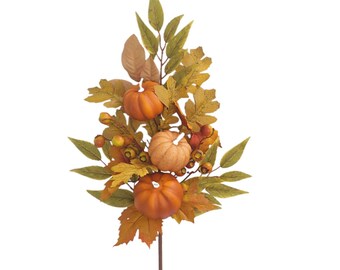 30" Orange Pumpkin Berry Leaf Spray - Harvest Fall Stem-85302