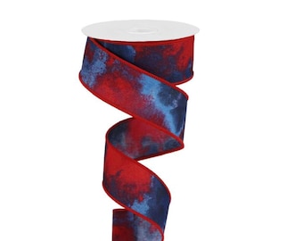 Watercolor Red White Blue Ribbon I 1.5x10yd Patriotic Wired Ribbon I 4th of July Crafts, Bows, Wreaths, DIY Decor, USA-RGB1013A1