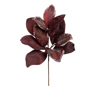 May include: A decorative artificial plant stem featuring multiple deep burgundy, oval-shaped leaves. The edges of several leaves are dusted with a white, crystalline texture that mimics the appearance of frost or light snow on the foliage.