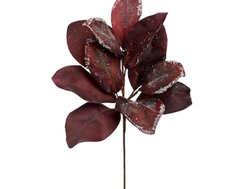 Snowy Burgundy Magnolia Leaf Spray - Frosted Christmas Foliage Stem - 18 Inch-FL6638-BU