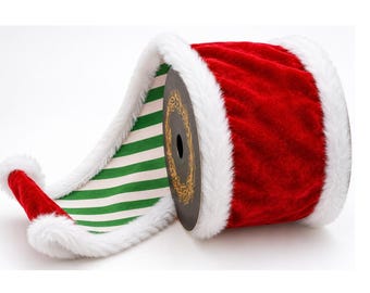 Red Velvet Fur Trim Ribbon - John Mark Santa Stripe Christmas Ribbon - 4 Inch-JME-WN25-091-RED-4