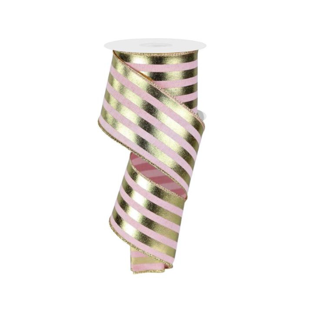 Pink Ribbon Metal Pale Pink & Gold Metallic Striped Wired Ribbon - Romantic Elegant ...