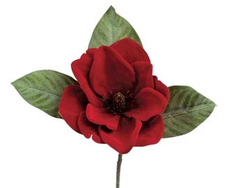 Red Velvet Magnolia Pick - Christmas Floral Stem with Leaves - 15 Inch-6131-R
