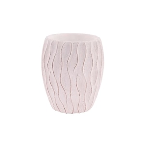 May include: A white, textured ceramic vase with a wavy, carved design. The cylindrical vase has a wide opening and a smooth interior. The exterior features vertical, flowing lines, creating a tactile and decorative surface. Ideal for home decor.