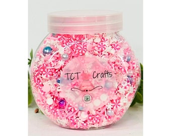 150g Pink Candyland Christmas Polymer Clay Sprinkle Mix - Pink Peppermints & White Snowflakes - Perfect for Fake Bakes, Clay Art, Slime