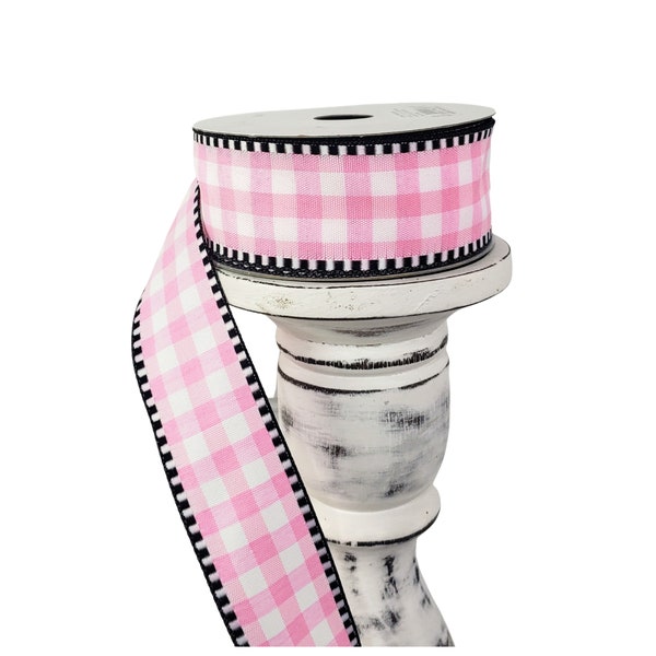 RW8139-1.5"x10YD Light Pink/White Gingham Check Wired Ribbon,Gingham ribbon, Pink and white ribbon,Wreath supplies,ribbon by the roll