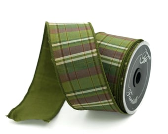 Farrisilk Sherwood Plaid Wired Ribbon — Olive Green Wreath Bow Supply, Fall Christmas Ribbon, 2.5 Inch-RK393-76
