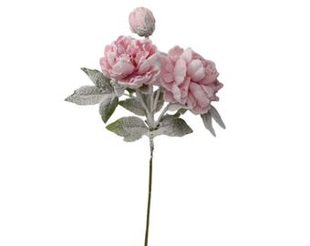 Snowy Pink Peony Spray - Frosted Winter Floral Stem - 25.5 Inch-XM14832