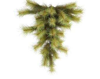 May include: A green artificial pine garland with long, wispy branches. The garland is perfect for adding a touch of greenery to your home decor.