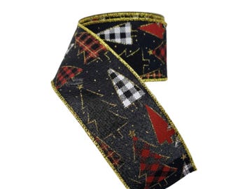 Ruban de Noël à carreaux pour sapin 2,5 pouces x 10 yards, Ruban métallique bordeaux/noir pour couronnes, nœuds, travaux manuels et décoration des Fêtes-R9040-02