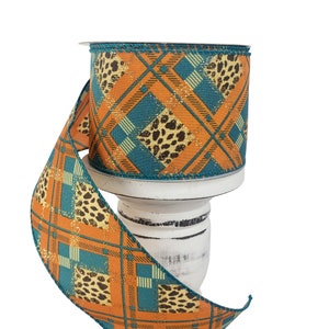 2.5&quot;x10YD Satin Cheetah Print Plaid Fall Ribbon-Teal/Orange,Fall Cheetah Ribbon,Animal Print ribbon,Brown Fall ribbon(61118-40-39)