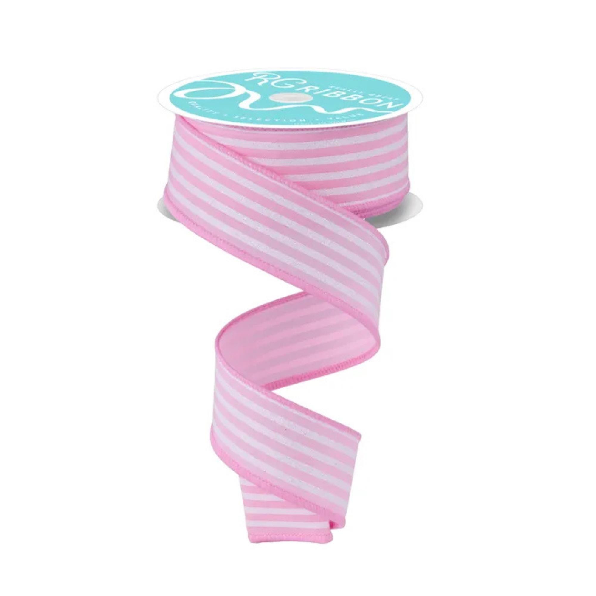 Light Pink White Glitter Stripe Wired Ribbon 1.5 Inch Spring
