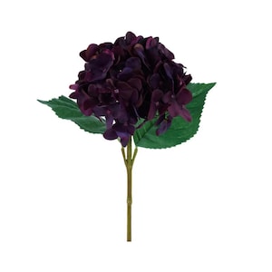 May include: A single artificial hydrangea flower with deep purple petals and green leaves. The stem is a light brown color. The flower is in full bloom and appears to be made of fabric.