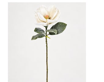May include: A single artificial magnolia flower stem featuring a large, creamy white blossom with a pale pink center. The stem includes several dark green, textured leaves with a frosted appearance, attached to a long, thin, brown, segmented stalk.