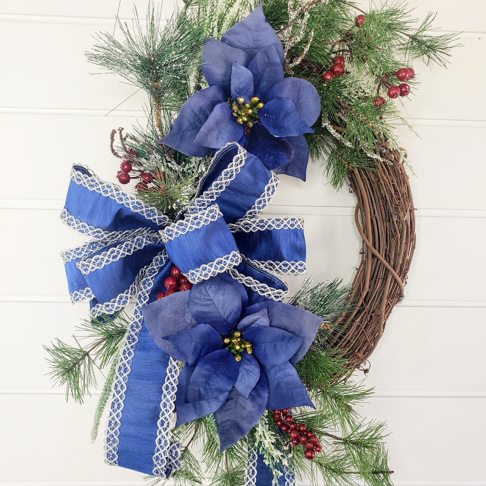 Elegant Blue Poinsettia Christmas Wreathblue Floral Holiday  Etsy