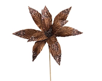 Chocolate Brown Velvet Glitter Poinsettia Stem 24"-86797CHO