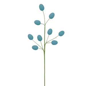 May include: A single stem with multiple blue berries, a simple and elegant design.