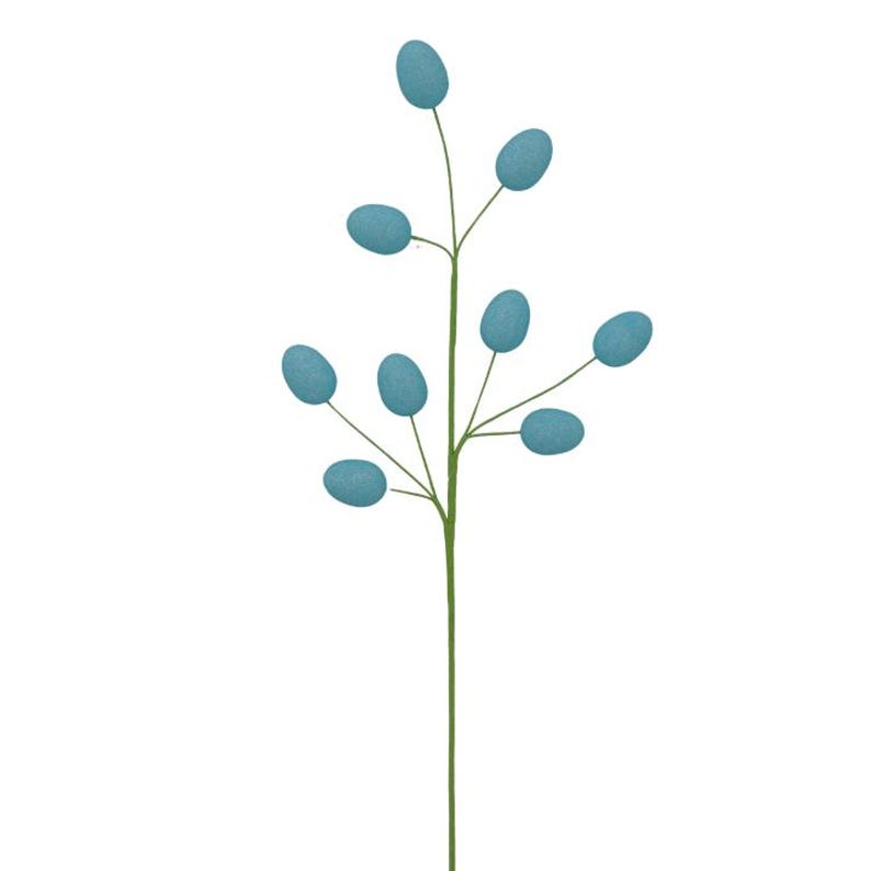 May include: A single stem with multiple blue berries, a simple and elegant design.