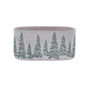 May include: An oval-shaped light gray planter featuring a repeating pattern of dark green pine trees around the exterior. The container has a smooth, matte finish and a wide, open top, providing a simple and functional vessel for small plants.