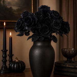 Black Rose Bush 20" – Artificial Fabric Roses & Rose Buds for Gothic Wedding, Halloween, Floral Arrangements and Home Decor-FN171902 image 2