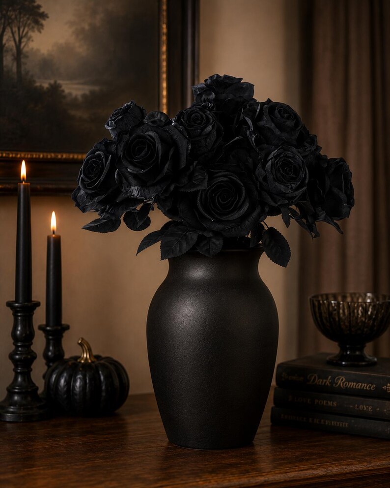 Black Rose Bush 20" – Artificial Fabric Roses & Rose Buds for Gothic Wedding, Halloween, Floral Arrangements and Home Decor-FN171902 image 2