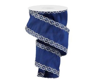 Royal Blue and Silver Faux Dupioni Wired Ribbon With
