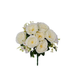May include: A bouquet of cream roses with yellow centres and green leaves. The arrangement includes smaller white flowers and greenery, all tied with a green stem.