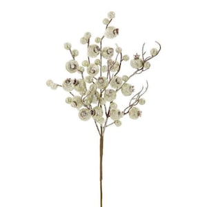 May include: A sprig of faux greenery with frosted, glittery, light green berries. The stem is brown and the berries are clustered together.