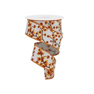 1.5&quot;x10yd Bittersweet Fall Wired Ribbon – Autumn Berry Vine Print on White with Orange Trim for Wreaths, Bows & Craft Projects-RGE135530