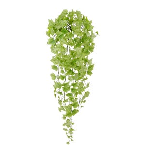 May include: A long, cascading artificial ivy plant with green leaves. The plant is hanging down from the top of the image.