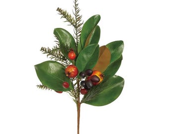 Magnolia Leaf Pomegranate Pine Spray - Woodlands Christmas Foliage Stem - 20 Inch-PM3582
