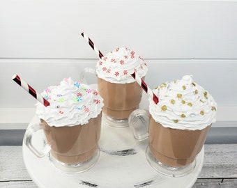Fake Hot Chocolate,Faux Hot Cocoa,Fake Hot Chocolate with peppermints,Coffee Bar decor,Tiered Tray decorations,Christmas Tiered Tray decor