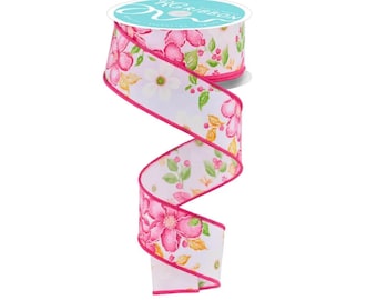Watercolor Floral Spring Ribbon Pink Wired 1.5 Inch-RGF1153WT