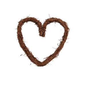 May include: A heart-shaped wreath crafted from intertwined brown twigs. The wreath is a natural brown color and has a rustic appearance. The twigs are woven together to form the heart shape, perfect for home decor.