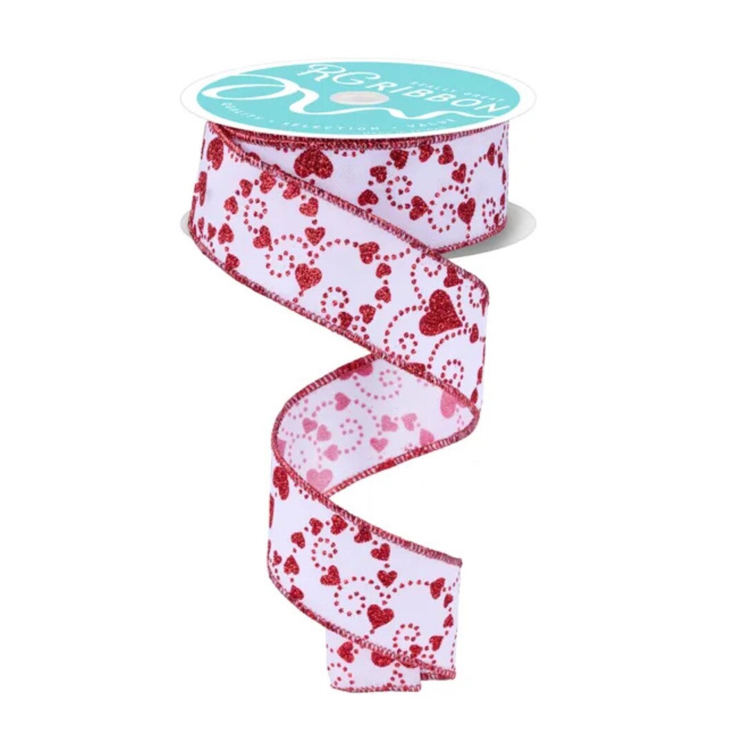 1.5"x10yd Red Glitter Heart Wired Ribbon | Valentine’s Day Ribbon for ...