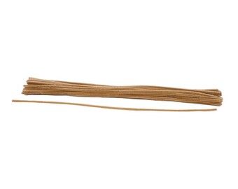 May include: A bundle of tan-colored pipe cleaners, with one pipe cleaner separated from the bundle. The pipe cleaners are made of a soft, fuzzy material and are arranged against a white background.