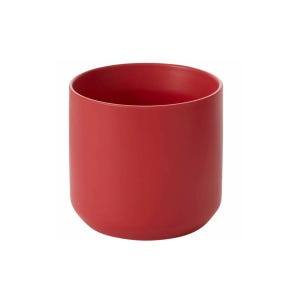 May include: A solid red cylindrical ceramic planter with a rounded base. The planter has a smooth, matte finish and a wide opening. The interior is also red. This container is suitable for indoor or outdoor use.