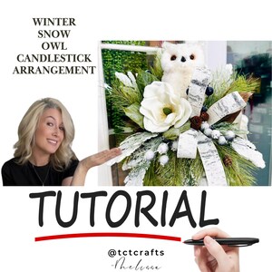 Könnte beinhalten: Ein winterliches Kerzenständer-Arrangement mit einem Plüsch-Eulen, weißen Magnolienblüten, künstlichem, schneebedecktem Grün und Birkenrindenband. Der Text "WINTER SNOW OWL CANDLESTICK ARRANGEMENT" und "TUTORIAL" ist enthalten.