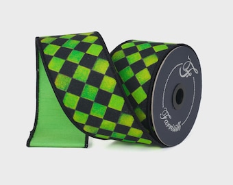 Farrisilk Green Black Check Wired Ribbon 2.5 Inch Sketch Pattern 10 Yards-HR044-61