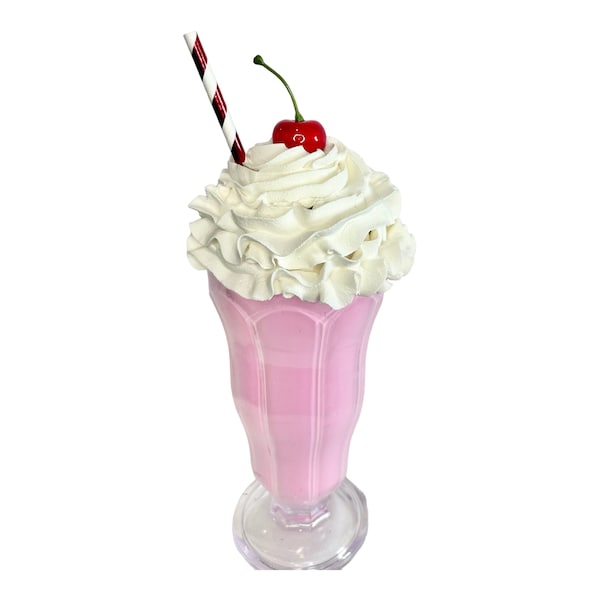 Handmade Faux Strawberry Milkshake with Cherry and Straw - Food Photography Prop - Kitchen Decor - 11 Inches