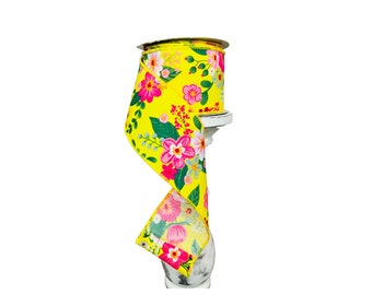 RGE113329-2.5x10YDGraphic Floral Wired Ribbon-Yellow/Pink/Orange/Blue,Spring flower ribbon,Summer flower ribbon,Yellow wreath ribbon