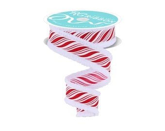 1.5"x10yd Peppermint Twist Wired Ribbon | Red & White Christmas Ribbon with Fuzzy Edge for Wreaths, Bows and Holiday Crafts-RGC828727