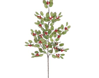 May include: A decorative artificial holly branch featuring a central brown stem with multiple offshoots. The branch is adorned with numerous serrated green leaves and clusters of small, round, bright red berries distributed throughout the foliage.
