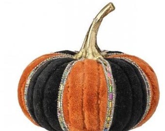 Black Orange Velvet Jeweled Pumpkin 6"-MTH13223