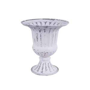 May include: A white, distressed-finish urn with a pedestal base. The decorative vase has a wide, fluted rim and vertical ribbed detailing on the body. The paint has a weathered appearance, with gray showing through the white finish.