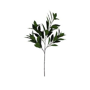 May include: A single artificial plant stem with dark green leaves and a slender brown stem. The leaves vary in shape, with some being long and narrow, while others are broader. The plant is set against a plain white background.